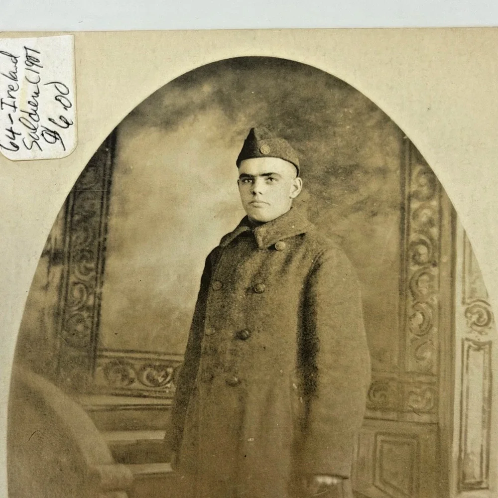 Antique 1907 Real Photo Postcard Irish British Army Soldier Portrait RPPC
